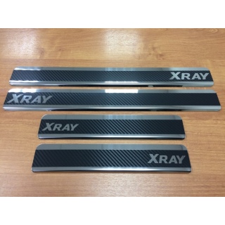 Накладки на пороги карбон (лист зеркальный с надписью XRAY) Лада Икс Рей (Lada Xray)