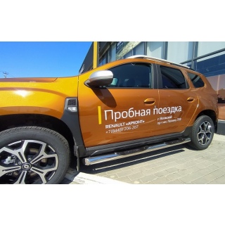 Пороги труба из нержавеющей стали d76 мм с пластиковыми накладками RENAULT Duster (Рено Дастер) с 2021 года